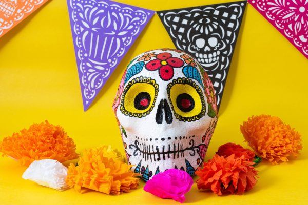 Day of the Dead Sugar Skull with Marigolds and Papel Picado