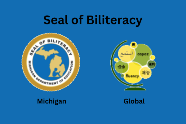 Blue background with the Michigan Seal of Biliteracy and the Global Seal of Biliteracy